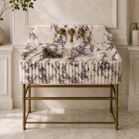 Calacatta Viola Marble Sink with Sculpted Backsplash, Fluted Vanity Washbasin, Hand-Carved Natural Stone Bathroom Basin, Custom Luxury Powder Room Sink, detailed view with fluted design and brass fixtures.