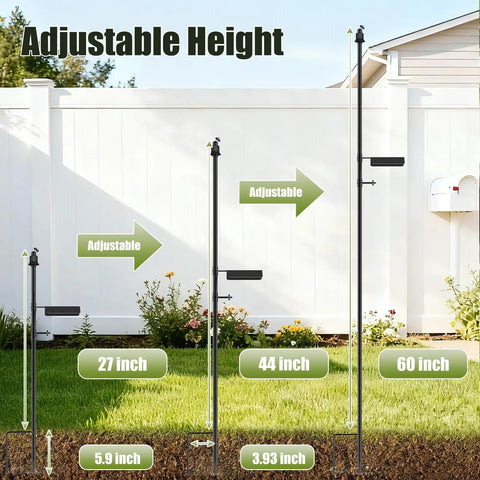 Heavy Duty Ground Stake Mount Bracket For Outdoor Security Cameras And Solar Panels With 16.5 Inch Adjustable Yard Pole showing adjustable heights of 27, 44, and 60 inches.