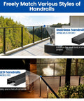 Modular Cable Railing Kit For Deck Surface Mount 42 Inch Height With Pre Cut Sections and Heavy Duty hardware showcasing stainless and LED handrails.