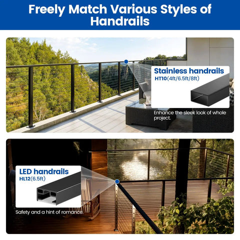 Modular Cable Railing Kit For Deck Surface Mount 42 Inch Height With Pre Cut Sections and Heavy Duty hardware showcasing stainless and LED handrails.