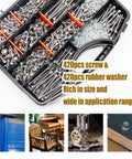 840 Pcs Self Tapping Screws for Metal Kit in 410 Stainless Steel in assorted sizes with rubber washers in compartment box