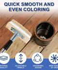 All In One Deck Stain Brush Kit With 67 Inch Extendable Handle, 8 Section Adjustable Pole, Boar And Wire Blend Bristles next to paint can