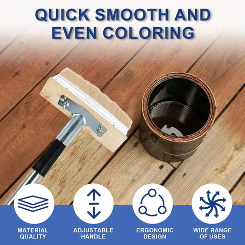 All In One Deck Stain Brush Kit With 67 Inch Extendable Handle, 8 Section Adjustable Pole, Boar And Wire Blend Bristles next to paint can