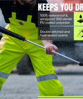 Man wearing Hi Vis Ripstop Waterproof Bib Pants For Men, Reflective Safety Overalls, Rain Gear That Keeps You Dry And Seen, 300D PU Coated Lined Construction, High Visibility Yellow, using a hose.