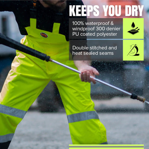 Man wearing Hi Vis Ripstop Waterproof Bib Pants For Men, Reflective Safety Overalls, Rain Gear That Keeps You Dry And Seen, 300D PU Coated Lined Construction, High Visibility Yellow, using a hose.