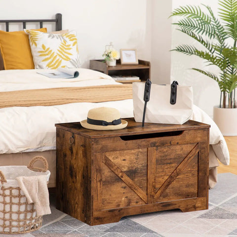Rock Solid Wooden Storage Bench With Safety Hinge And Cool U Shaped Handles Pretty Slick Heavy Duty Seating Spot For Toys And Throw Blankets Rustic Brown Quick No Sweat Assembly Entryway Organizer