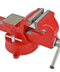 Heavy Duty 4 Inch Bench Vise Built Tough With 130,000 PSI Austempered Ductile Iron, 360 Degree Interlocking Swivel Base, Red