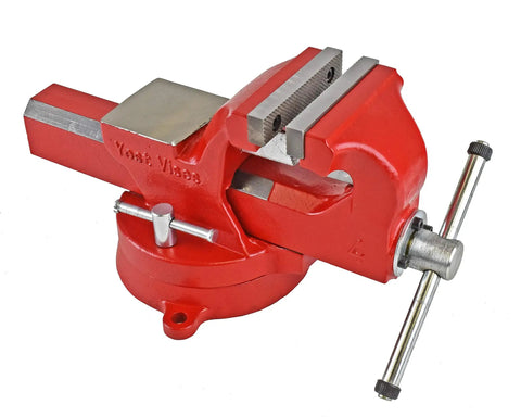 Heavy Duty 4 Inch Bench Vise Built Tough With 130,000 PSI Austempered Ductile Iron, 360 Degree Interlocking Swivel Base, Red