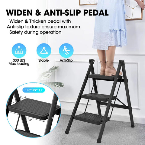3 Step Folding Ladder For Adults With Anti Slip Wide Pedals Lightweight Aluminum Step Stool Portable 330 Lbs Capacity Ladder For Home Kitchen Office Library Easy Fold Compact Built To Last And Safe, 11.8-inch pedals