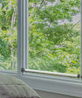 Two Pack Sliding Glass Door Security Bar Adjustable White Updated Model Fits 16.5 To 51 Inches For Home Safety And Childproofing installed on window