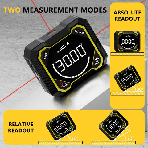Pro Level Digital Angle Finder With Laser And Magnetic Base And Usb Rechargeable Electronic Inclinometer For Woodworking And Construction Projects showing display with two measurement modes and laser functionality.