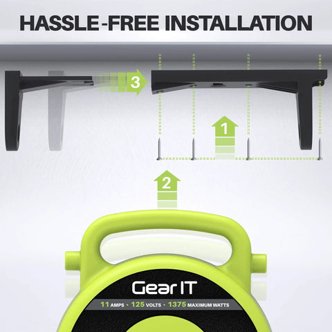 Hassle-free installation diagram for auto retracting 45 foot extension cord reel with 14 gauge 14 3 AWG SJTW cable.