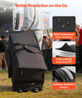 No Sweat Electronic Drum Roller Case With Thick Cushioning And Easy Rollin Wheels, Large Travel Softcase With Removable Dividers And Side Pockets For Touring Musicians, Black, shown with waterproof material and wheels.
