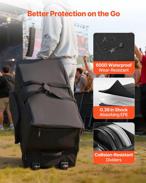 No Sweat Electronic Drum Roller Case With Thick Cushioning And Easy Rollin Wheels, Large Travel Softcase With Removable Dividers And Side Pockets For Touring Musicians, Black, shown with waterproof material and wheels.
