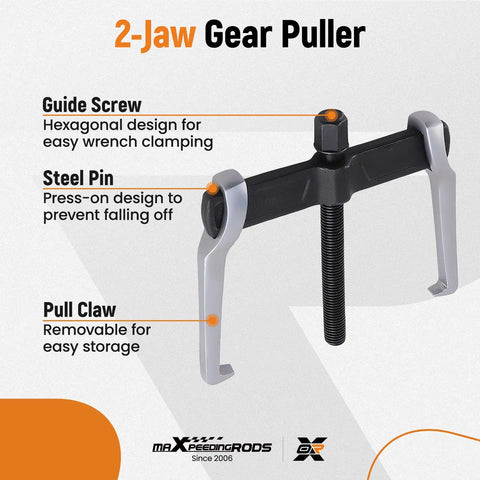 12 Inch 2 Jaw Gear Puller Reversible Bearing Puller Tool For External And Internal Removal Of Pulleys Gears Bearings And Flywheels Adjustable Clamp Depth And Grip Width Built Tough Multi Size Set showing guide screw, steel pin, and pull claw.