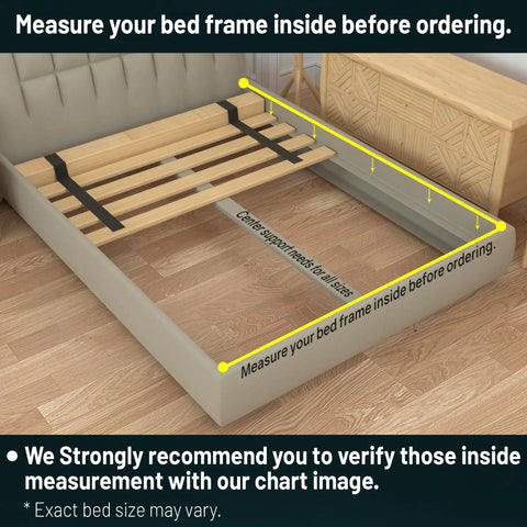 Replacement Wooden Twin Bed Slats For Mattress Support - Fabric Sleeve Locks Down Slat Spacing For Dead Simple Setup - Low Profile Bed Frame Foundation That Holds Tight placed in bed frame for measurement guidance.