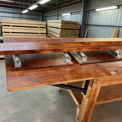 Solid 60 Inch Conveyor Roller Set, Galvanized Steel Rollers With Heavy Duty Brackets positioned on a woodworking table.