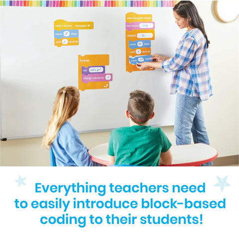 Teacher using Block Based Coding Magnetic Demonstration Set for Kids Learn to Code with Scratch Style Activities with students