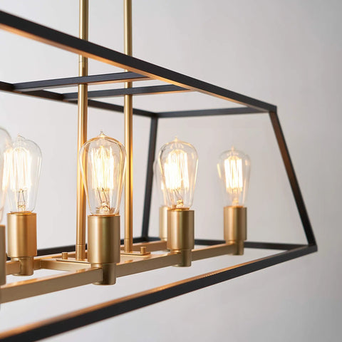 Close-up of Mid Century Modern Geometric Chandelier with black frame, gold accents, rectangular shape, and vintage bulbs.