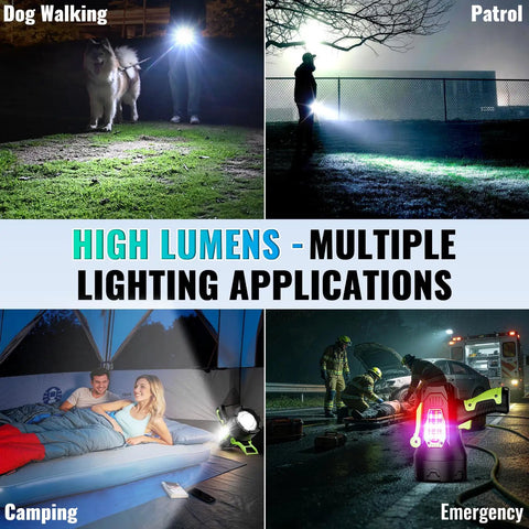 People using Rechargeable Spotlight 2,000,000 Lumen Handheld Searchlight With Foldable Tripod LED Flashlight in various outdoor scenarios.