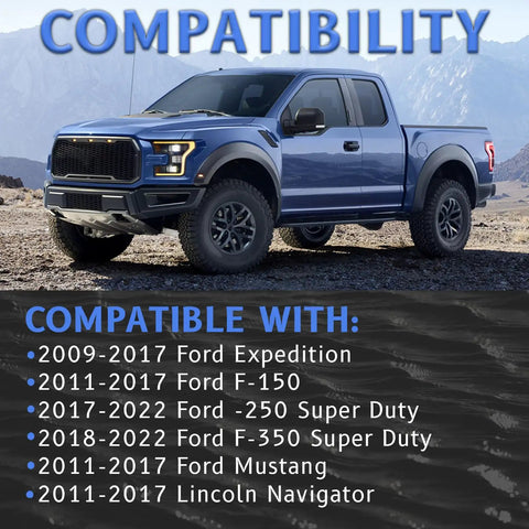 Blue Ford truck with compatibility chart for 6R80 Transmission Filter And Gasket Kit For Ford Expedition 2009 Through 2017, F150 2011 Through 2017, Mustang 2011 Through 2017, Lincoln Navigator 2011 Through 2017 Replaces FT 188