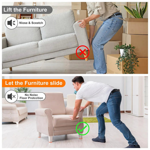 16 Pack Heavy Duty Furniture Sliders Featuring Self Adhesive Round Gliders To Protect Your Floors While Rolling Couches And Tables Smooth As Butter Without A Scrape Or Unwanted Noise demonstration of lifting and sliding furniture with adhesive pads.