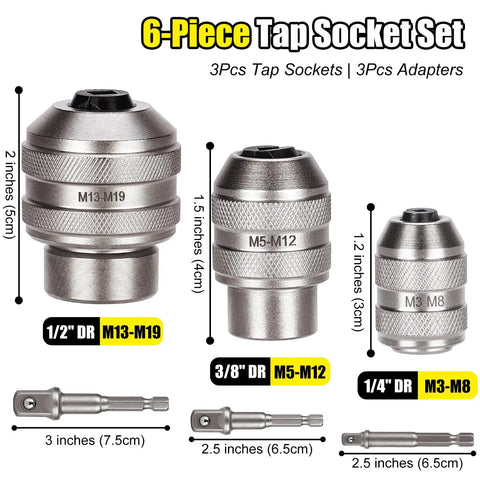 Heavy Duty Tap Socket Set With Adjustable Handle 6 Piece CR MO Steel Kit including Metric M3 to M19 Sockets and adapters