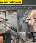 Heavy Duty Self Locking Nylon Universal Cable Tie Buckle Kit With Push Mount Ties securing car panels and fender.