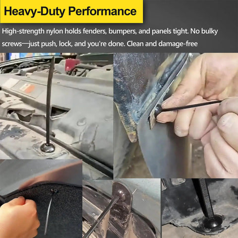 Heavy Duty Self Locking Nylon Universal Cable Tie Buckle Kit With Push Mount Ties securing car panels and fender.