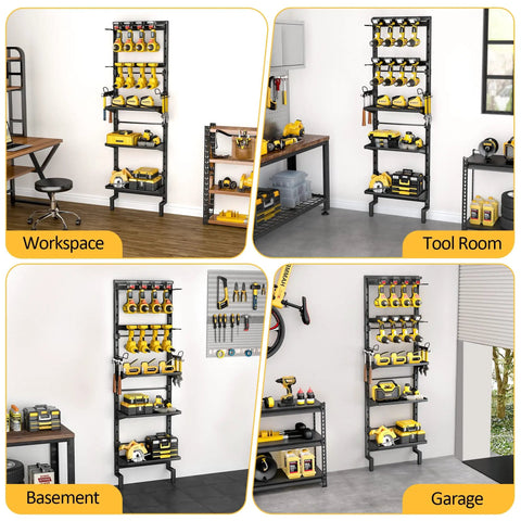Four views of Five Tier Vertical Wall Mount Tool Storage Rack For Garage Heavy Duty Metal Organizer with drill slots in use