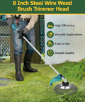 Person using a weed eater with Steel Wire Trimmer Head With 8 Inch Unbreakable Blades, Universal Adapter Kit.