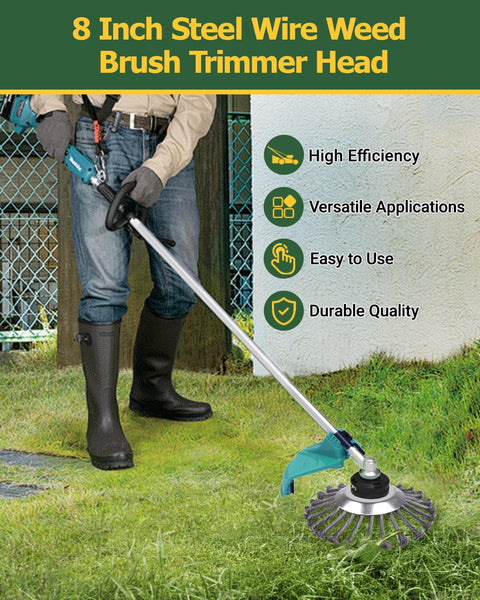 Person using a weed eater with Steel Wire Trimmer Head With 8 Inch Unbreakable Blades, Universal Adapter Kit.