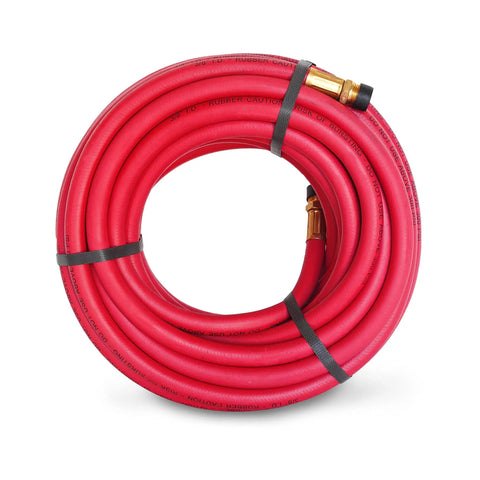 Coiled Fifty Foot Rubber Air Hose With Three Eighths Inch Inner Diameter And Brass Fittings For Pneumatic Tools 300 PSI Working Pressure