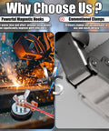 Comparison of Pro Grade Magnetic Grounding Welding Clamp With Adjustable Magnet and conventional clamp, with sparks and metalwork scene.