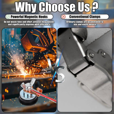 Comparison of Pro Grade Magnetic Grounding Welding Clamp With Adjustable Magnet and conventional clamp, with sparks and metalwork scene.