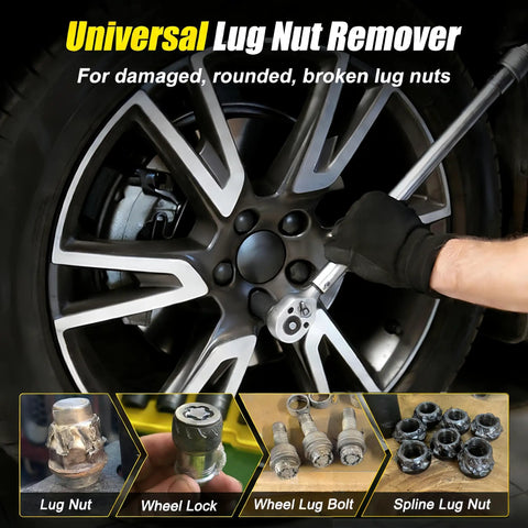 Mechanic using 10 Piece Bolt Extractor Set For Damaged Or Rounded Bolts And Lug Nuts 1/2 Inch Drive Impact Wheel Lock Remover Kit Beefy Grip Spiral Extractors For Rusted Stripped Stubborn Fasteners on car wheel.