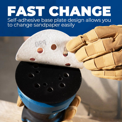 Zero Drama 5 Inch Random Orbital Sander That Delivers Heavy Hitter Power For Rapid Woodworking And Metal Polishing Tasks showing self-adhesive sandpaper attachment.