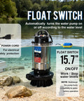Beastly 1.6HP Submersible Sump Pump With Automatic Float Switch displayed in water with 26ft power cord