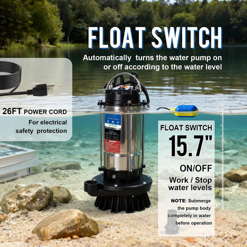 Beastly 1.6HP Submersible Sump Pump With Automatic Float Switch displayed in water with 26ft power cord