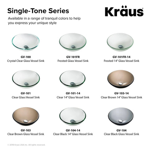 Single-Tone Series sinks including Slick Round Clear Brown Glass Vessel Sink, 14 Inch Above-Counter, scratch-resistant options.