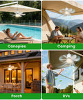 Solar Powered Ceiling Fan With Light For Outdoors, 17.5 Inch Portable Camping Fan, 18000mAh Battery, in various outdoor settings