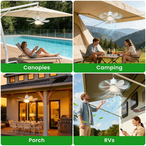 Solar Powered Ceiling Fan With Light For Outdoors, 17.5 Inch Portable Camping Fan, 18000mAh Battery, in various outdoor settings