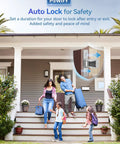 Smart Keyless Entry Door Lock With Handle, Bluetooth App Control Front Lock on house door, with family on steps.