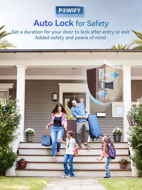Smart Keyless Entry Door Lock With Handle, Bluetooth App Control Front Lock on house door, with family on steps.