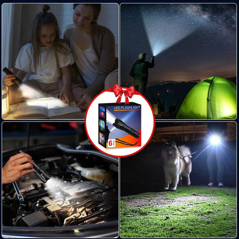 Beefy Six Pack LED Flashlights With High Lumens, 5 Mode Tactical Beam For Home And Outdoors demonstrating various uses.