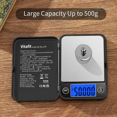 Ultra Accurate 0.01g Digital Pocket Scale With 500g Capacity, black, displaying a 500g weight on stainless steel tray with LCD screen