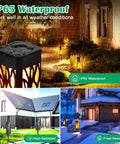 Flickering Flames Pathway Lights Solar Powered Outdoor LED Torches illuminating garden and patio in wet weather conditions.