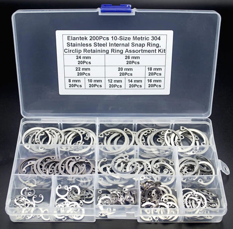 Internal Snap Ring Assortment Kit, 200Pcs 304 Stainless Steel Circlip Retaining Rings, 8mm To 26mm Sizes in a plastic case