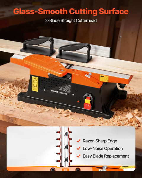 Hardcore 6 Inch Benchtop Wood Jointer Pumping Out Badass 2 HP Power At 12000 RPM For Drop Dead Smooth Slices On Dual HSS Blades Over Rock Solid Cast Aluminum Table Totally Built Tough For DIY Shop Kings with a 2-blade cutterhead and smooth cutting surface.