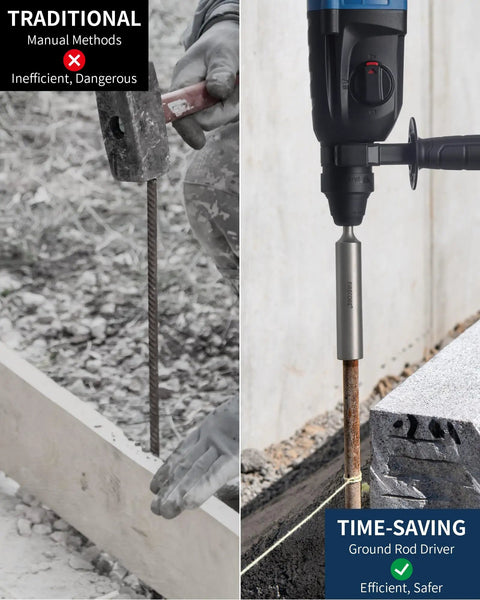 Heavy Duty SDS Plus Ground Rod Driver Bit Built From Tough Forged Steel For 5/8 And 3/4 Inch Rods Hammer Drill preparing rod installation.